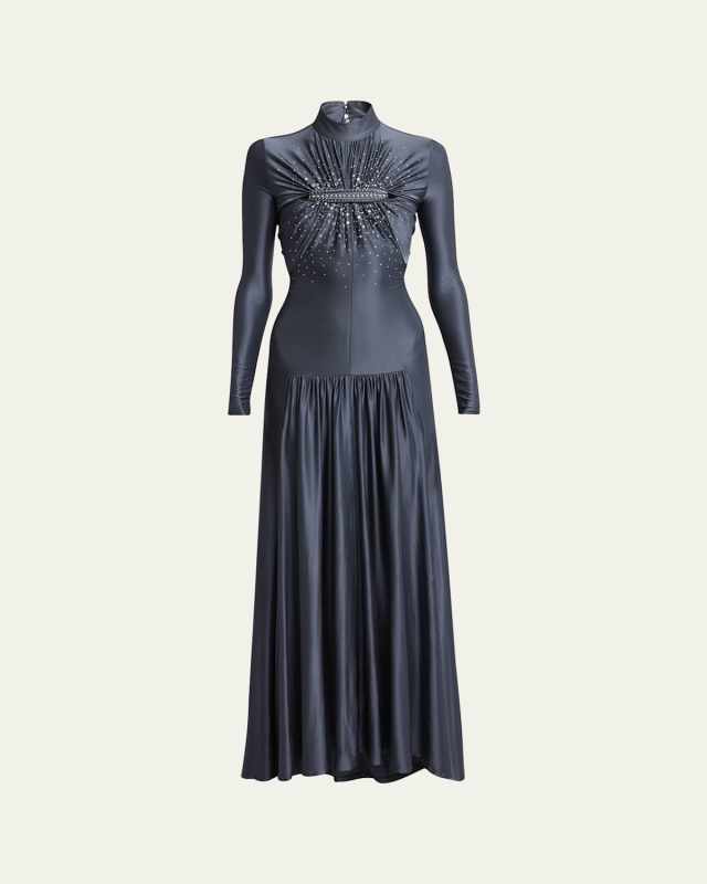 High-Neck Crystal Ruched Cutout Jersey Gown